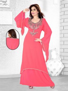 Pink Embroidered Faux Georgette Kaftan