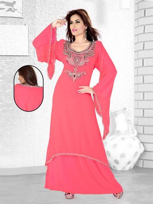 Pink Embroidered Faux Georgette Kaftan