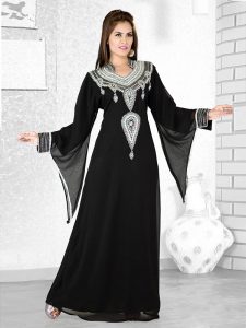 Black Embroidered Faux Georgette Kaftan