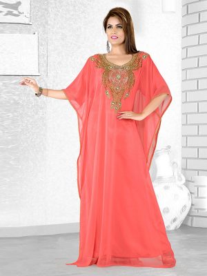 Coral Embroidered Faux Georgette Farasha