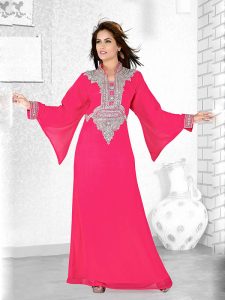 Fuchsia Pink Embroidered Faux Georgette Kaftan