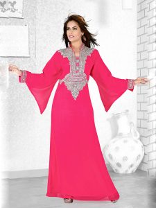 Fuchsia Pink Embroidered Faux Georgette Kaftan