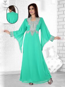 Sea Green Embroidered Faux Georgette Kaftan