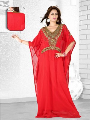 Red Embroidered Faux Georgette Farasha