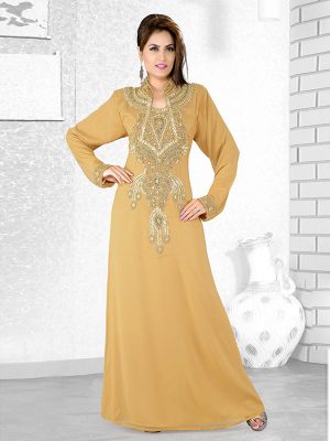 Beige Embroidered Faux Georgette Kaftan