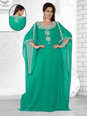 Green Embroidered Faux Georgette Farasha