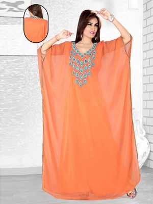 Coral Embroidered Faux Georgette Farasha