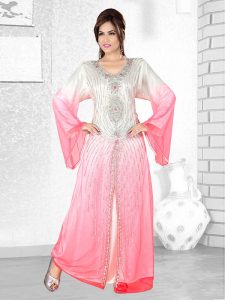 Off White And Pink Embroidered Faux Georgette Kaftan