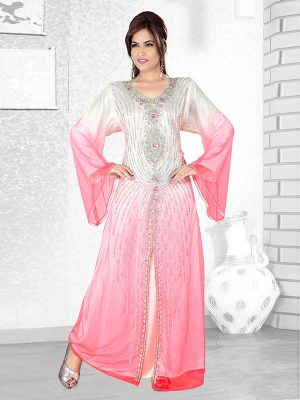 Off White And Pink Embroidered Faux Georgette Kaftan