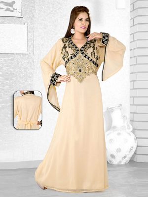 Beige Embroidered Faux Georgette Kaftan