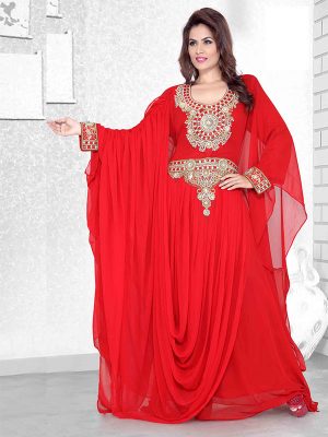 Red Embroidered Faux Georgette Farasha