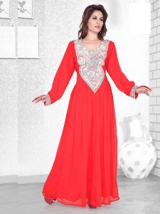 Red Embroidered Faux Georgette Kaftan