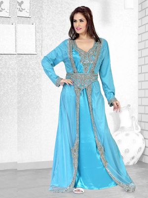 Sky Blue Embroidered Faux Georgette Moroccan Kaftan