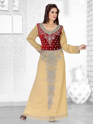 Beige And Red Velvet Embroidered Faux Georgette Kaftan