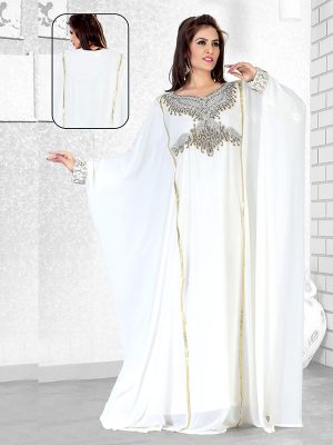 Off White Embroidered Faux Georgette Kaftan