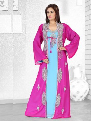Fuchsia Pink And Sky Blue Embroidered Faux Georgette Kaftan