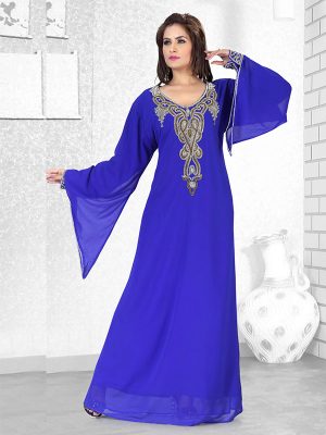 Royal Blue Embroidered Faux Georgette Kaftan