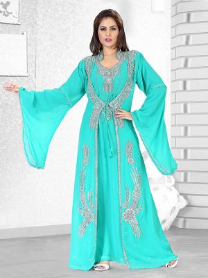 Sea Green Embroidered Faux Georgette Kaftan