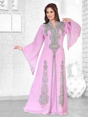 Baby Pink Embroidered Faux Georgette Kaftan