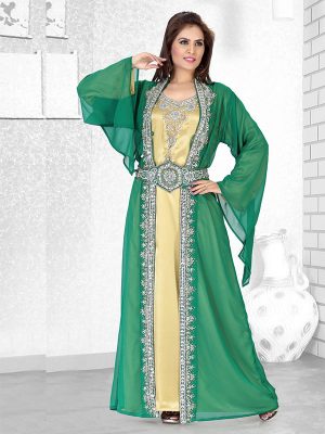 Bottle Green And Golden Satin Embroidered Faux Georgette Moroccan Kaftan