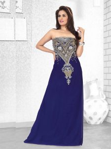 Dark Blue Embroidered Faux Georgette Fustan