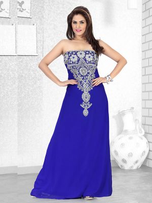Royal Blue Embroidered Faux Georgette Fustan