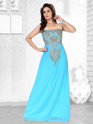 Sky Blue Embroidered Faux Georgette Fustan
