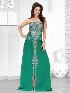 Bottle Green Embroidered Faux Georgette Fustan