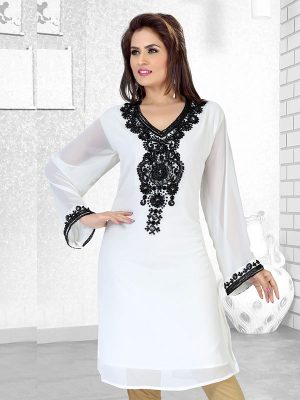 Off White Embroidered Faux Georgette Kurti