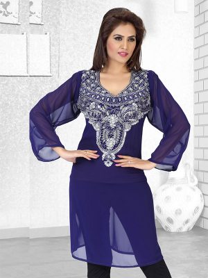 Dark Blue Embroidered Faux Georgette Kurti