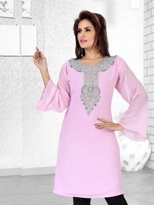 Baby Pink Embroidered Faux Georgette Kurti