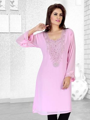 Baby Pink Embroidered Faux Georgette Kurti