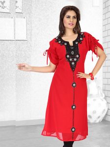 Red Embroidered Faux Georgette Kurti