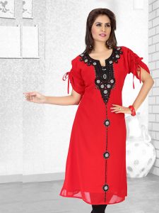 Red Embroidered Faux Georgette Kurti