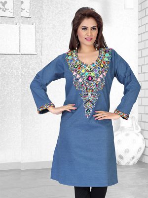 Denim Blue Embroidered Faux Georgette Kurti