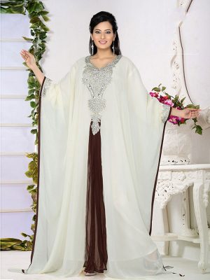 Off White And Brown Embroidered Faux Georgette Farasha