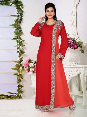 Red And Tomato Red Embroidered Faux Georgette Kaftan