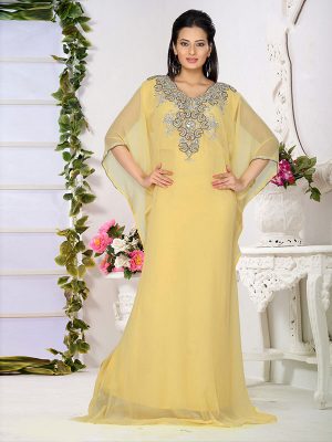 Light Yellow Embroidered Faux Georgette Farasha