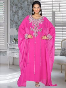 Fuchsia Pink Embroidered Faux Georgette Farasha