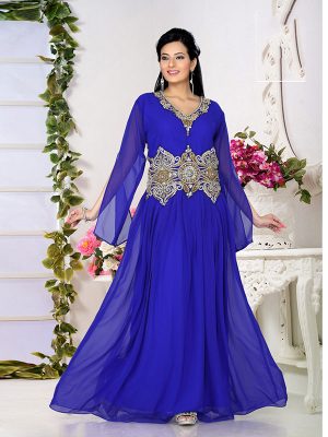 Royal Blue Embroidered Faux Georgette Kaftan