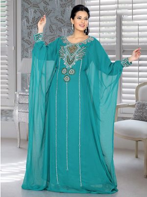 Turquoise Blue Embroidered Faux Georgette Farasha