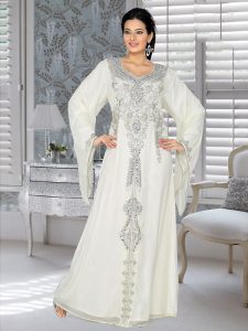 Off White Embroidered Faux Georgette Kaftan