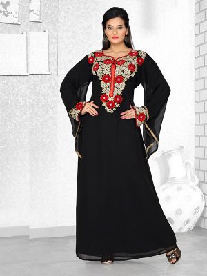 Black Embroidered Faux Georgette Kaftan