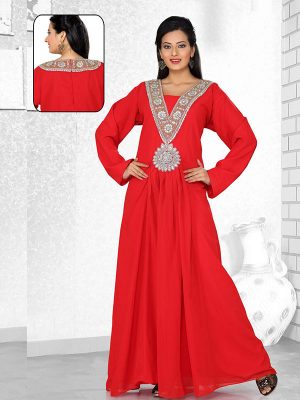 Red Embroidered Faux Georgette Kaftan