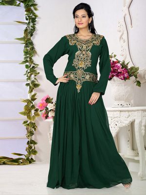 Bottle Green Embroidered Faux Georgette Kaftan