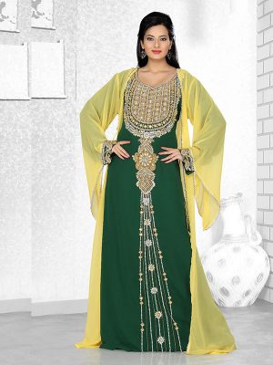 Yellow And Bottle Green Embroidered Faux Georgette Kaftan