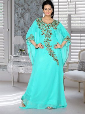 Sea Green Embroidered Faux Georgette Farasha