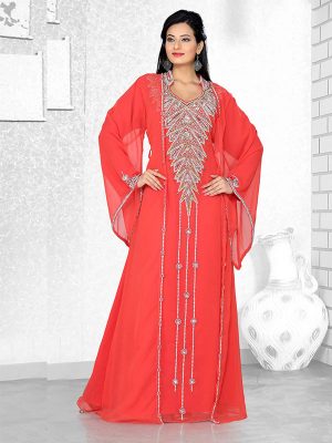 Coral Embroidered Faux Georgette Kaftan