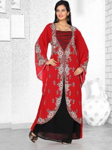 Red And Black Embroidered Faux Georgette Kaftan