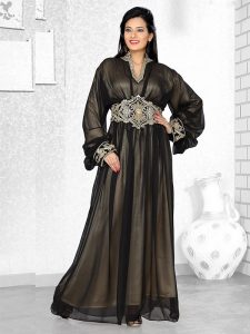 Black And Golden Satin Embroidered Faux Georgette Kaftan